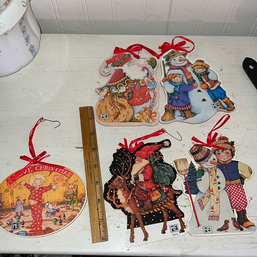 Lot 5 Mary Engelbreit reversible wood Christmas ornaments